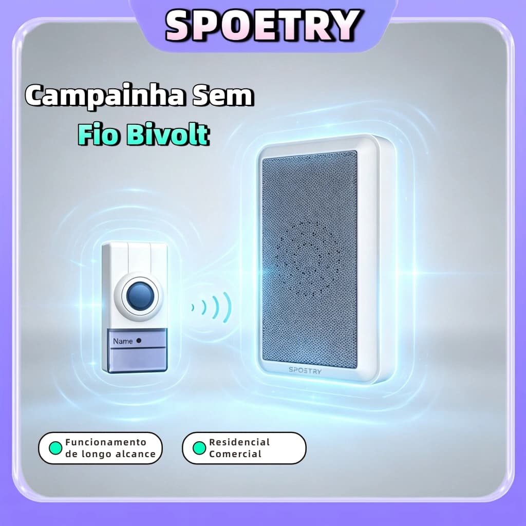 Campainha Sem Fio Bivolt A Prova D'água Longo Alcance 350m Residencial Comercial Com 8 Toques - SPOETRY