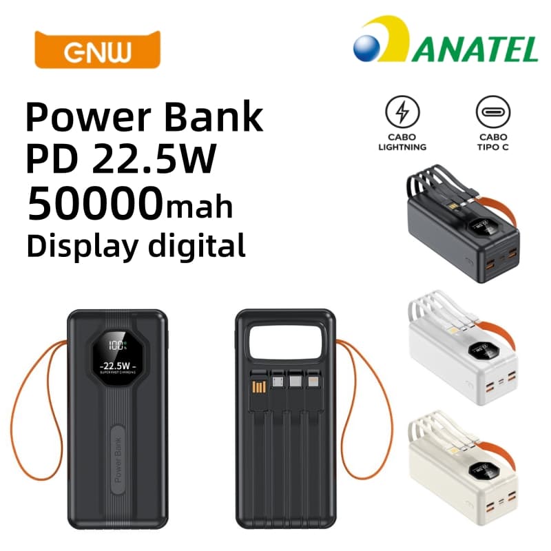 Power Bank 10000mAh a 50000mAh 22.5W Turbo - Display LED - Com Lanterna - Compatível com iPhone , Samsung