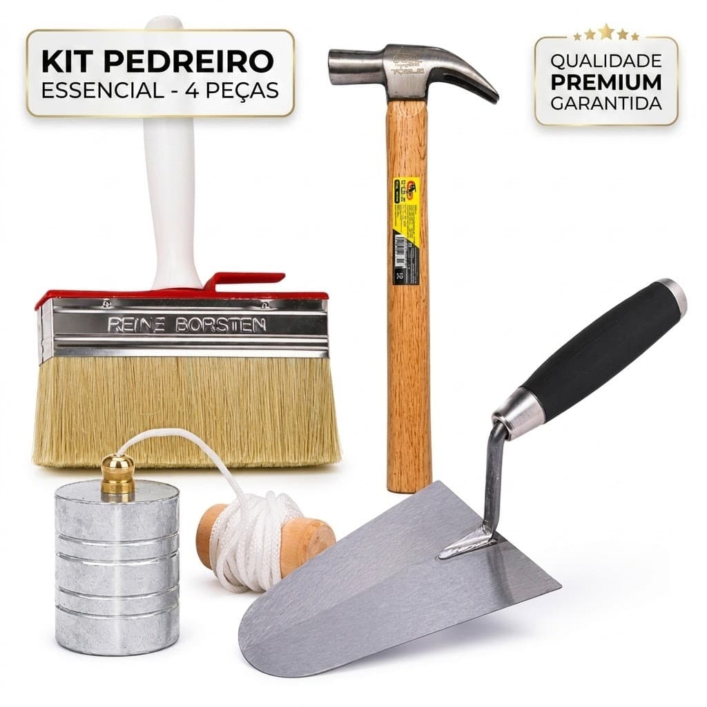 Kit Ferramentas Pedreiro Completo 4 Peças Profissional Colher Prumo Martelo Broxa