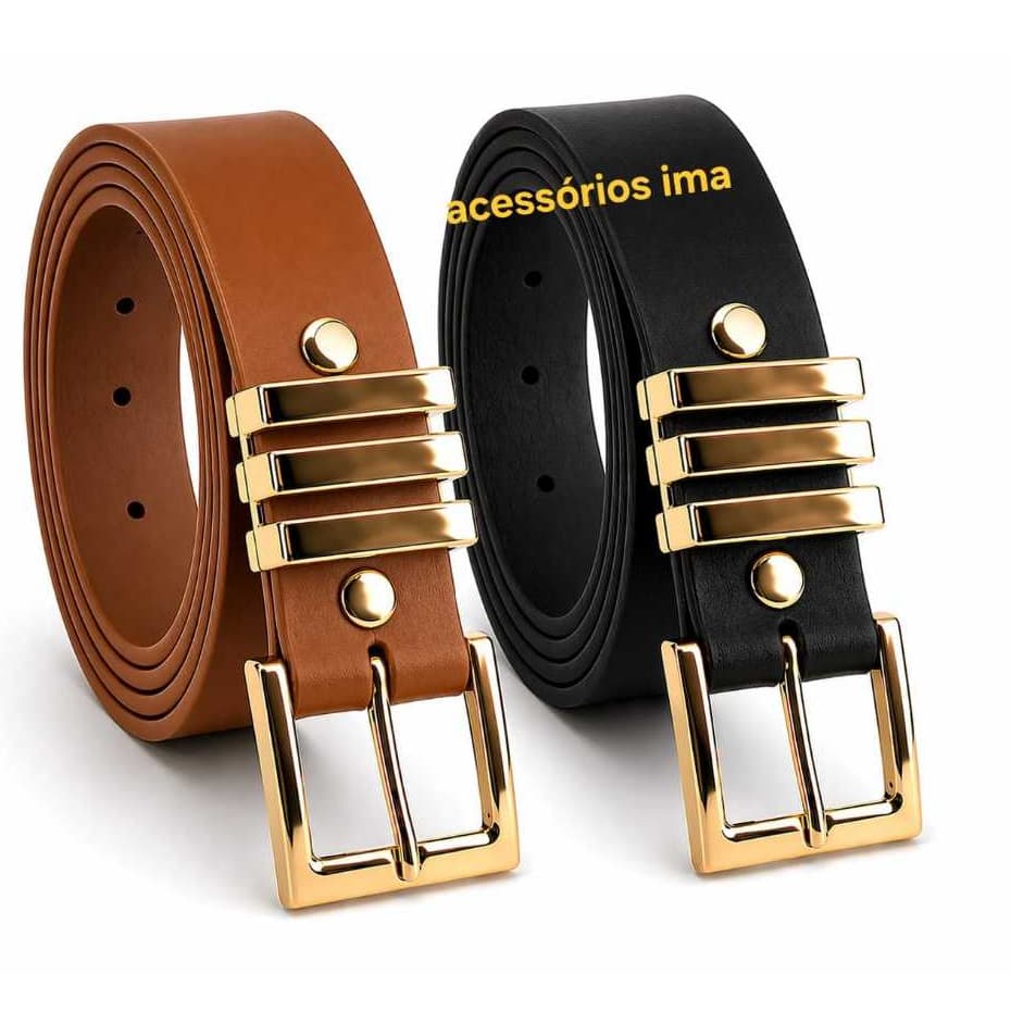Kit 3 Cinto Feminino Plus Size Fivela Dourado Quadrado 2,5 cm Largura Couro PU