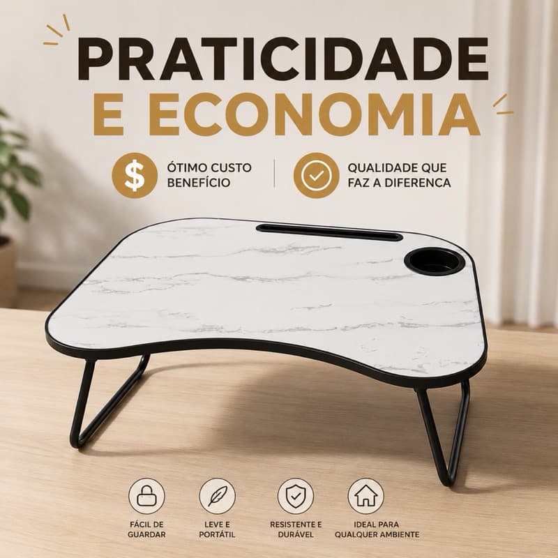 Mesa Portátil Dobrável Premium Mármore Branco Suporte Notebook Café Cama Sofá Porta Copo Porta Tablet Luxo