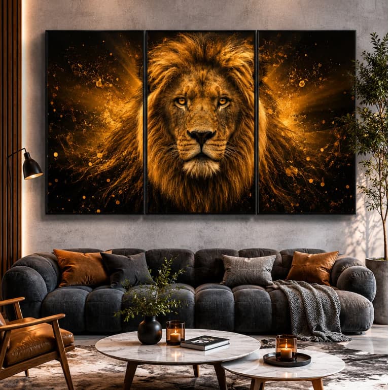 Kit 3 Peças Quadros Decorativos Leão Dourado Luxo Grande Exclusivo Sala Quarto Escritório