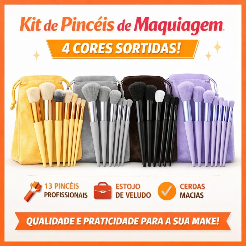 Kit de Pincéis de Maquiagem com Estojo de Veludo -  13 Peças Cores Sortidas – Cerdas Macias e Alta Qualidade