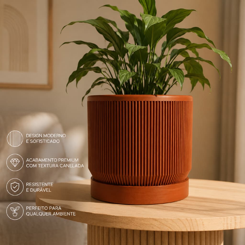 Cachepot Para Planta Ripado Moderno Com Prato 11cm Terracota Decoração Clássica Vaso de Plantas