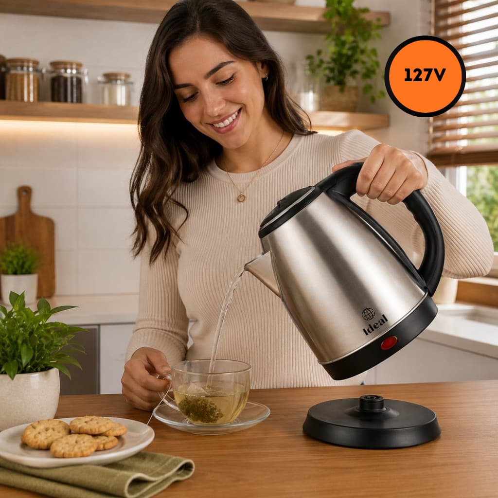 Chaleira Elétrica Inox 1,8L 127V 1000W Econômica Rápida Segura Resistente Durável Design Moderno
