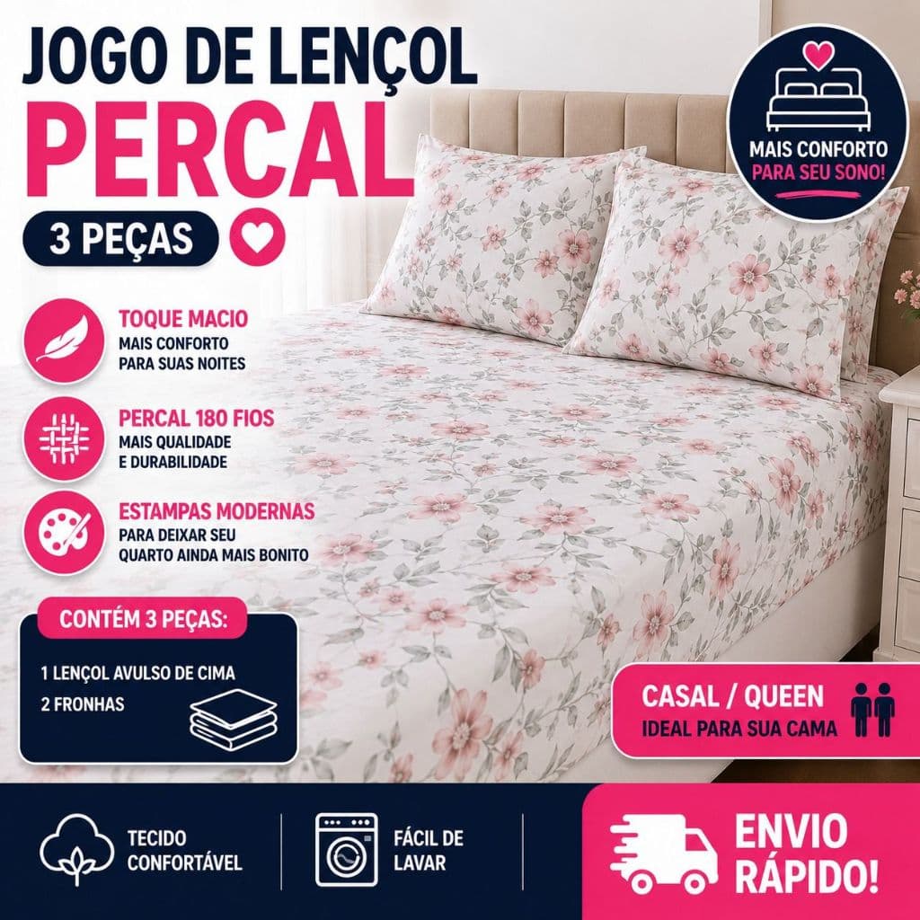 Kit Lençol Casal/Queen 3 Peças Percal | Confortável | Diversas Estampas