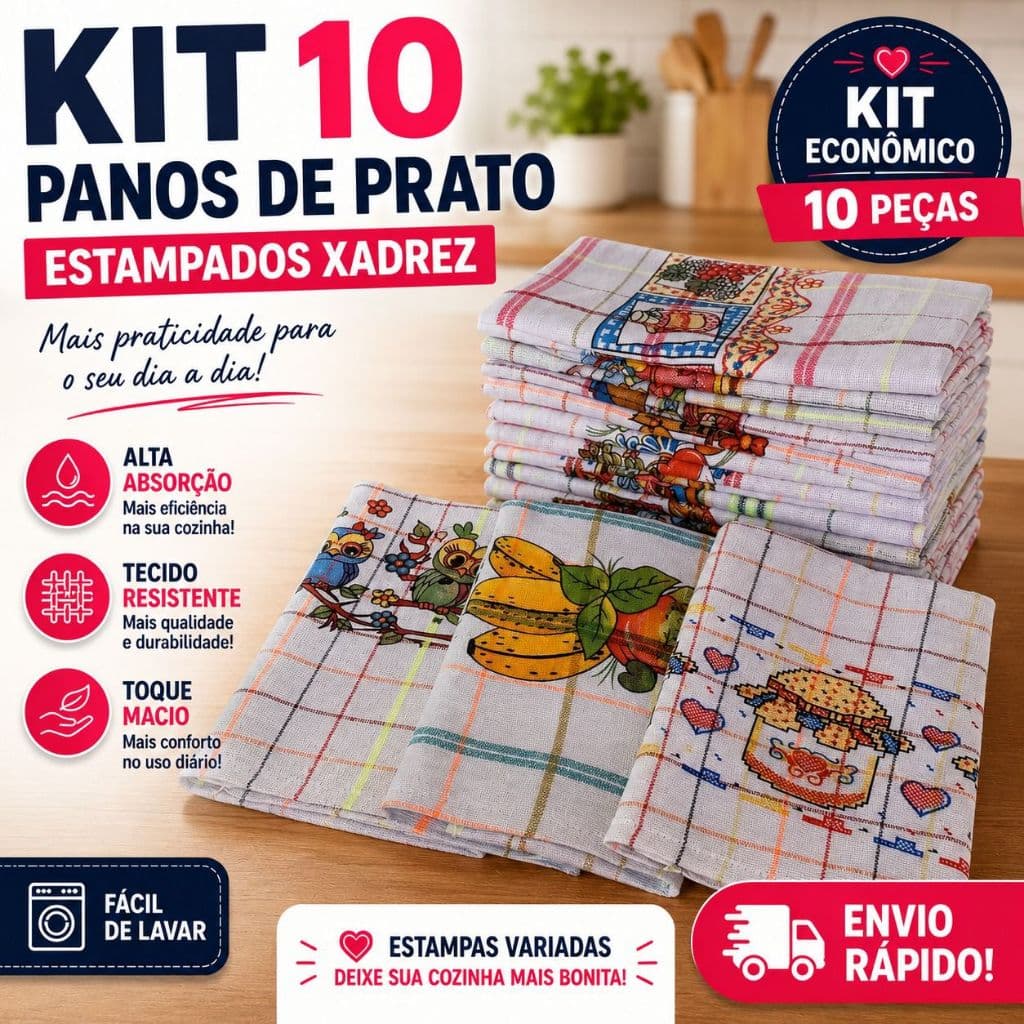 Kit 10 Panos de Prato Xadrez Estampados | Alta Absorção | Cozinha