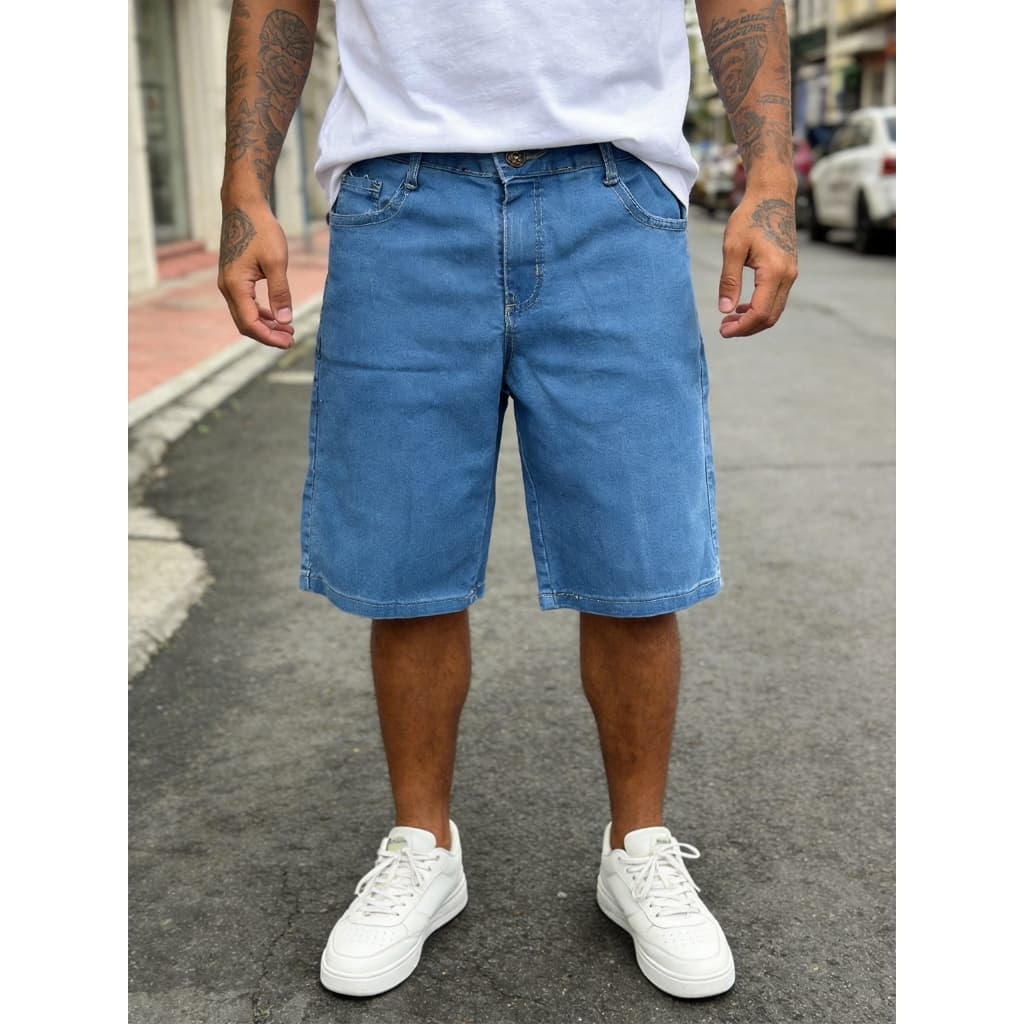 【Novo】Bermuda Jeans Masculina Azul Claro Estilo Casual Versátil 100% Jeans