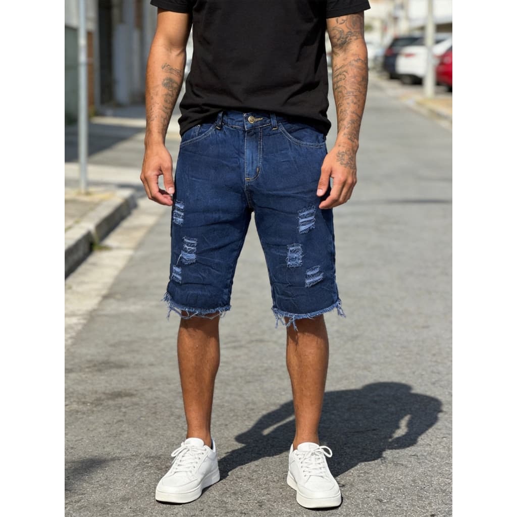 【Novo】Bermuda Jeans Masculina Azul Rasgada  Estilo Casual Versátil 100% Jeans