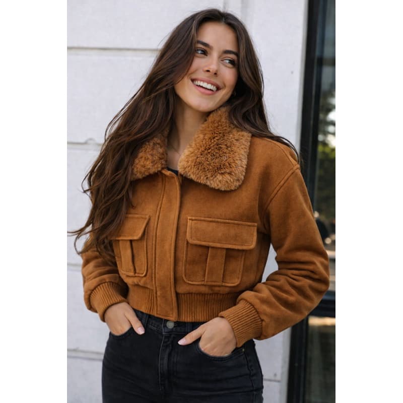 LÃ BATIDA Jaqueta Cropped Feminino, Casaco Lã Batida Forrado Quentinho Com Bolsos Moda Gringa Gola Peluciada Removível