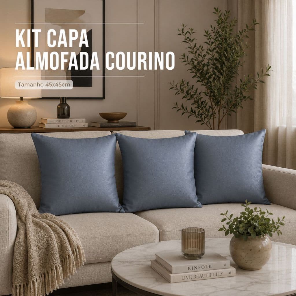 Kit Capas de Almofada Em Courino Premium 45cmx45cm Zíper Invisível Decorativa Sofá Sala Cama Quarto