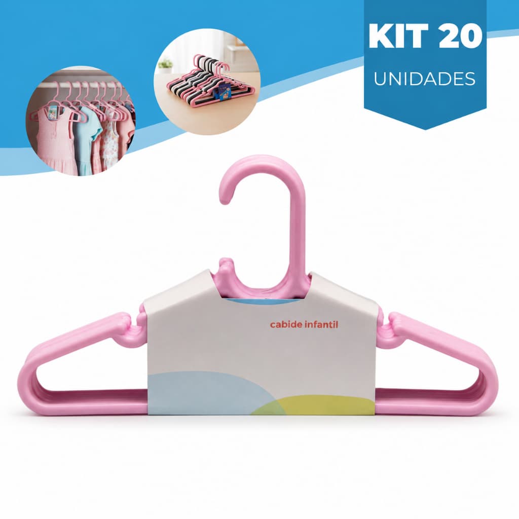 Kit 20 Cabide Infantil Rosa Reforçado para Roupas de Bebê Prático e Resistente