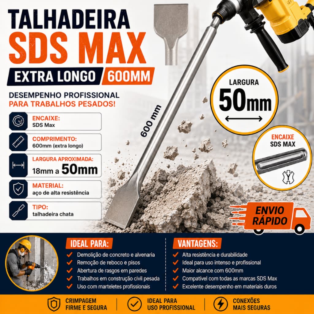 Talhadeira SDS Max 600mm 18x50mm Extra Longa Profissional Para Martelete Demolição Concreto