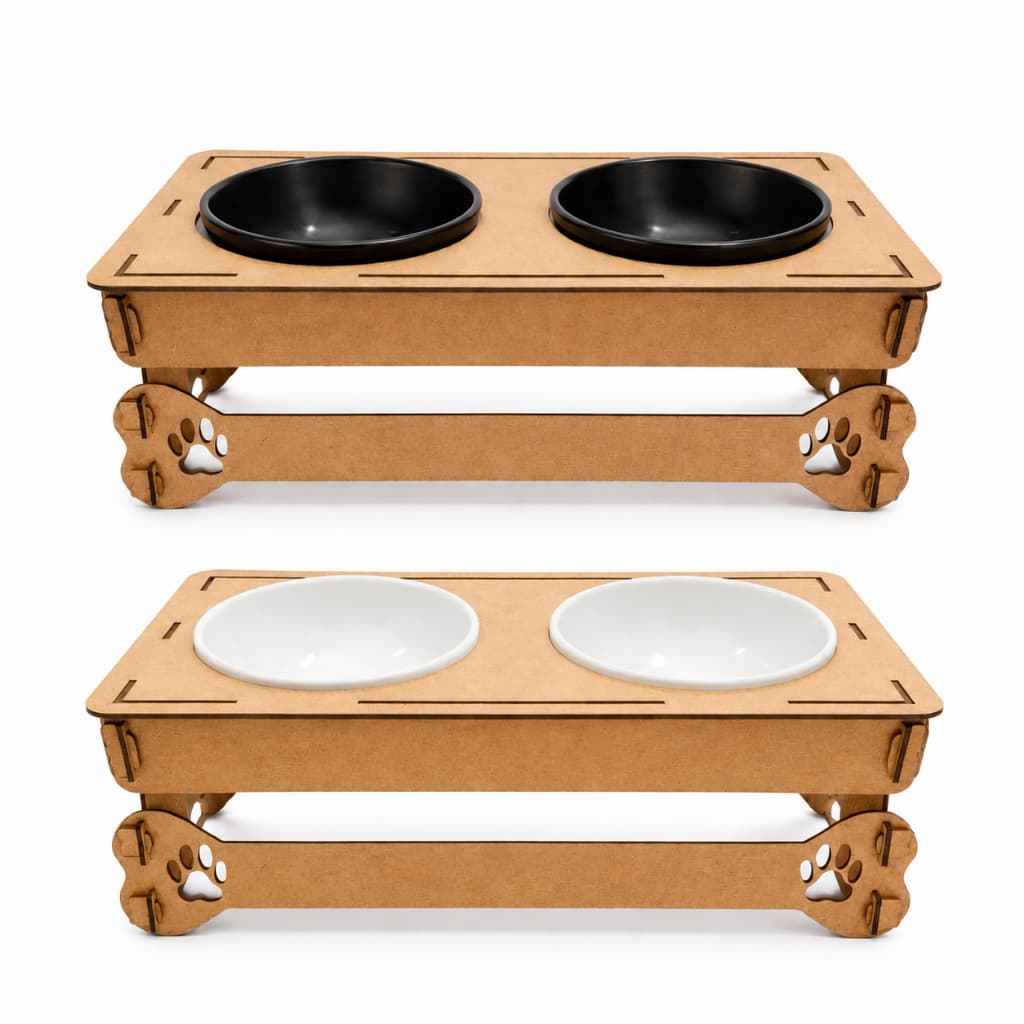 Comedouro Bebedouro Pet Duplo Elevado MDF Para Cachorro e Gato Com 2 Tigelas Branca ou Preta Premium