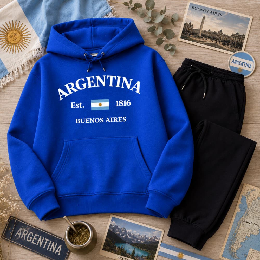 Conjunto Moletom Infantil Argentina Buenos Aires Canguru Flanelado Azul Royal Tendência