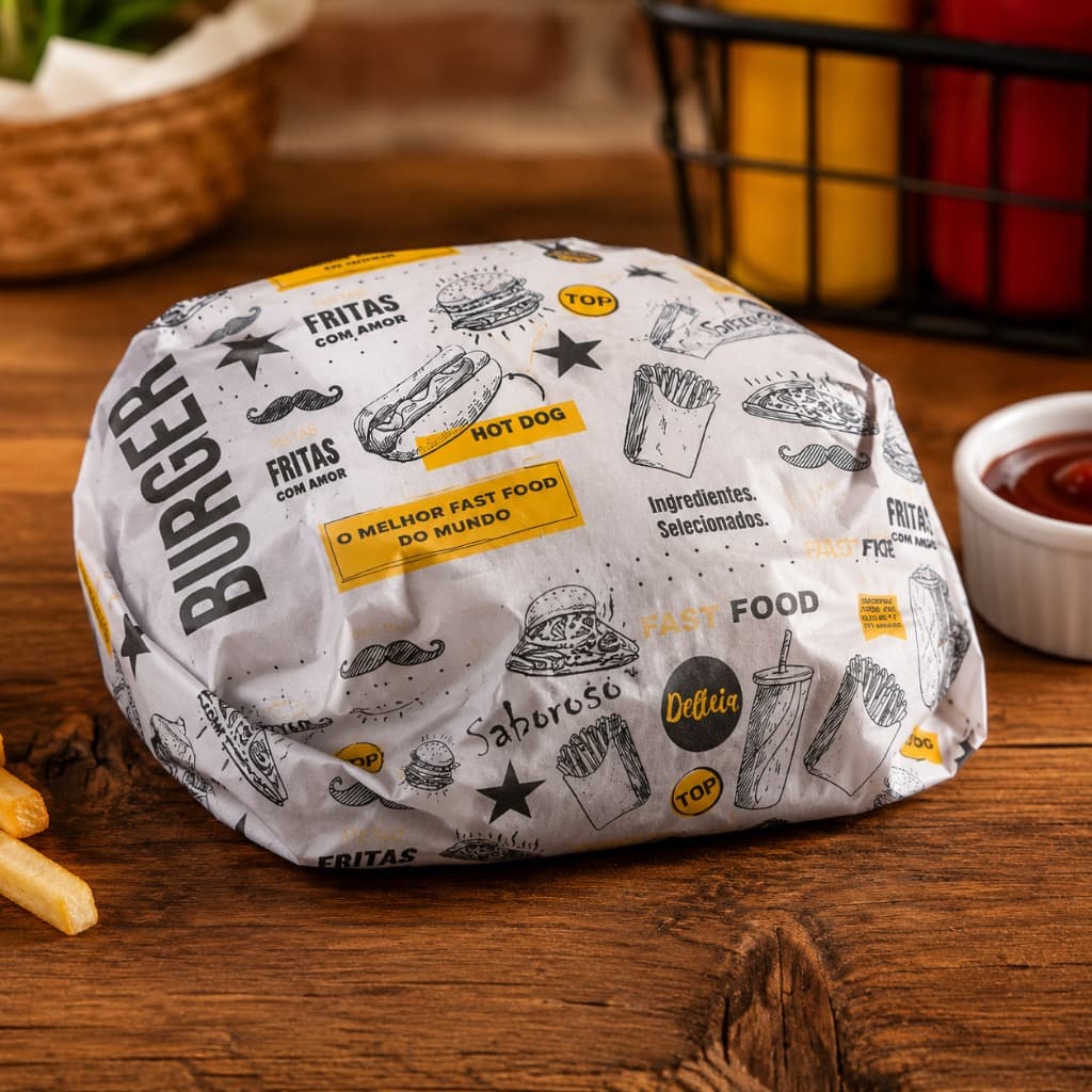 Papel Acoplado Térmico 30x38cm Laminado Para Lanches  Hambúrguer Kit 250 Unidades Conserva Calor Anti Gordura Hamburguer