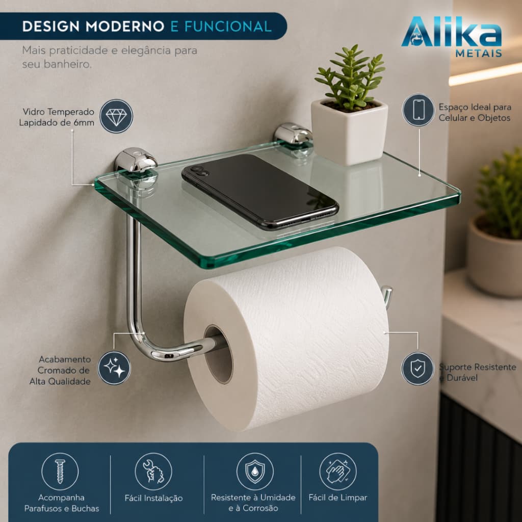 Papeleira Porta Papel Higiênico com Prateleira Porta Celular Vidro Temperado Luxo para Banheiro e Lavabo