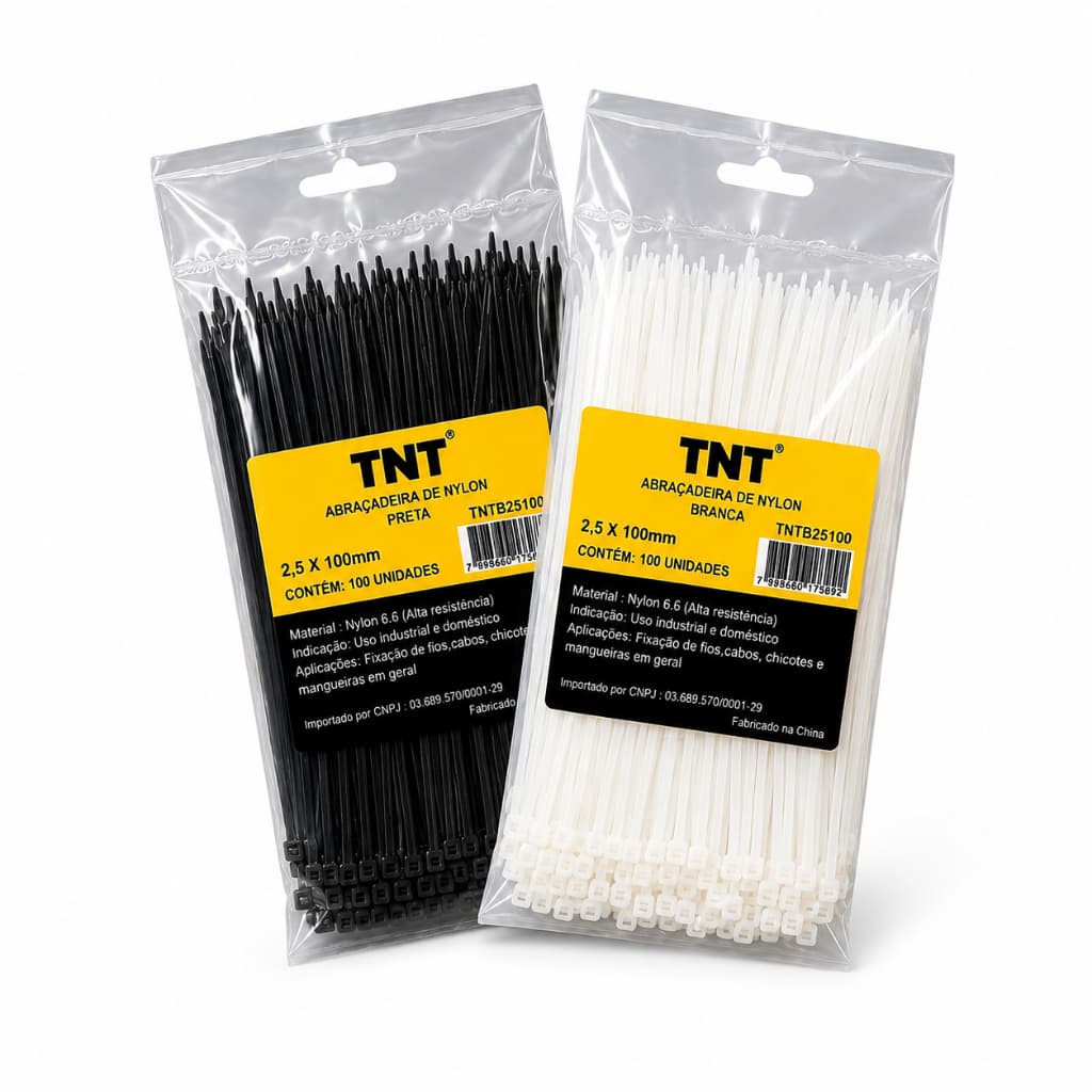 Kit 100 Abraçadeiras de Nylon Tipo Hellerman Enforca Gato Preto/Branco - 2,5x100 a 7,6x500mm