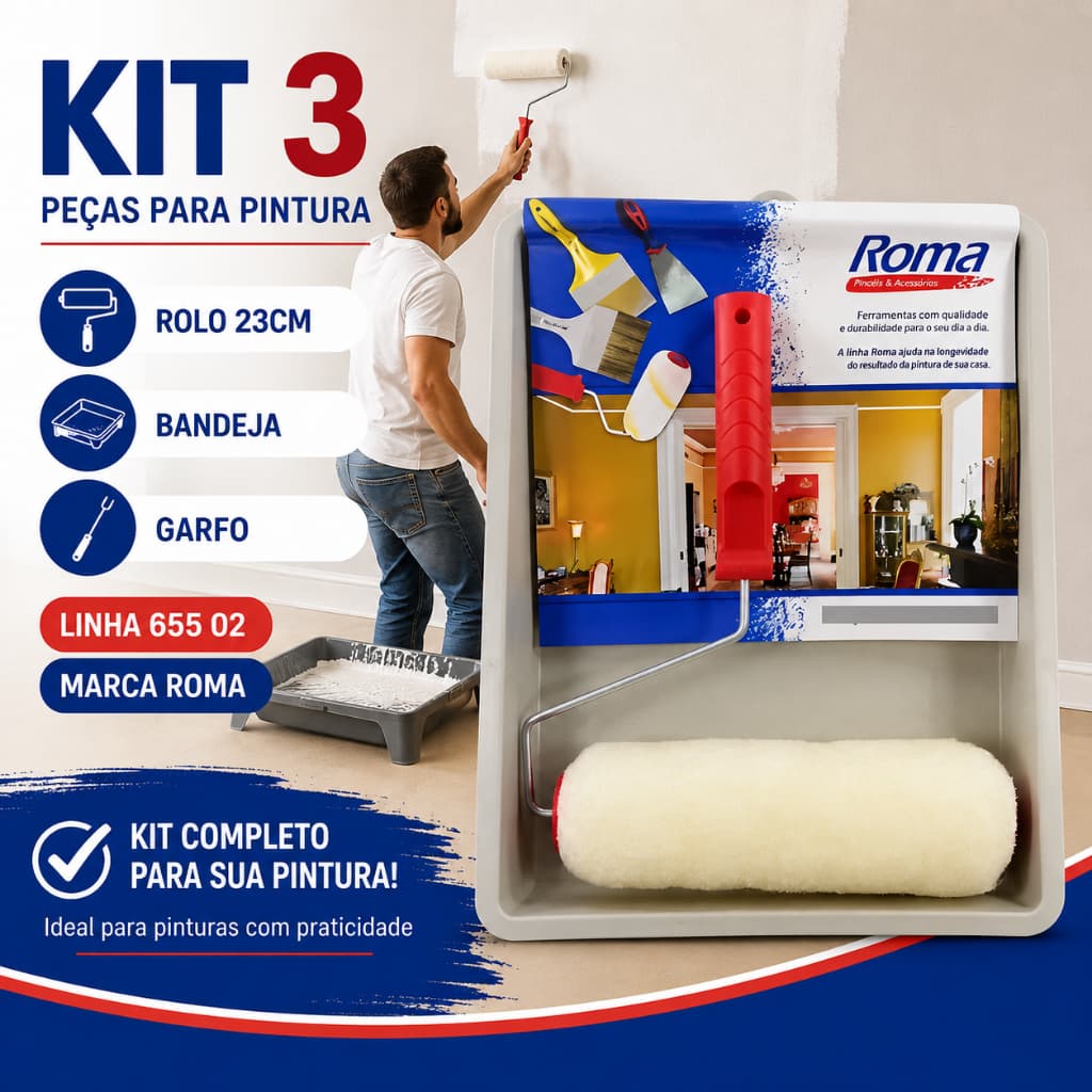 Kit 3 Peças Para Pintura Com Rolo 23CM Bandeja Garfo Linha 655 02 Roma