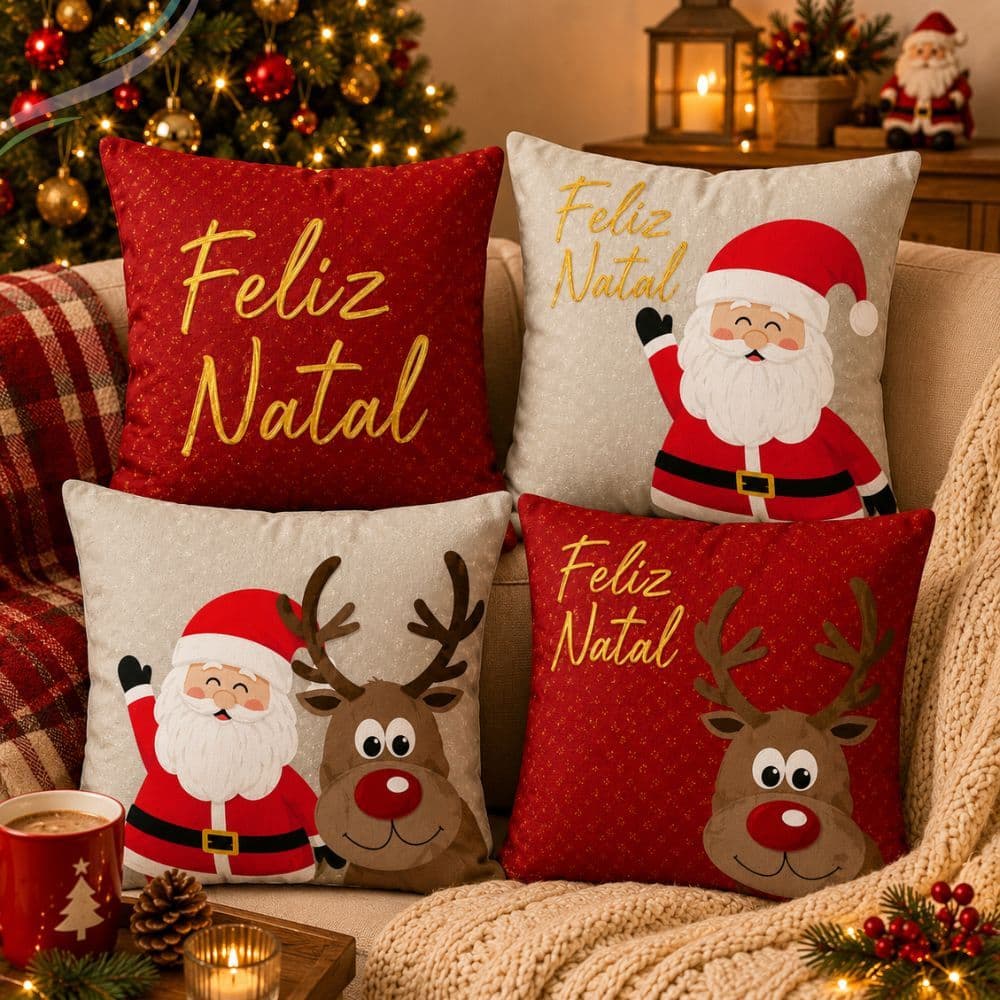 Kit 04 Almofadas Cheias 42cm x 42cm Natal Estampadas Luxo C/ Zíper - Várias Estampas