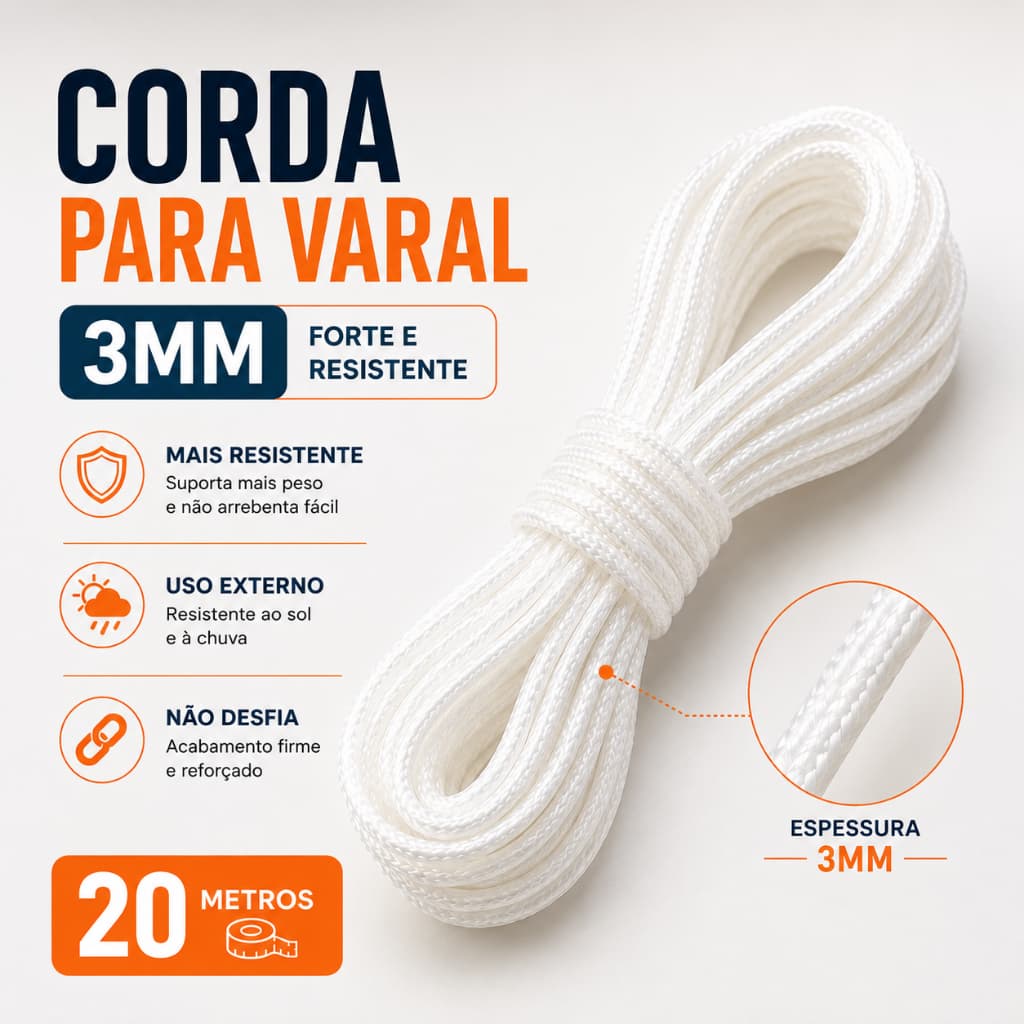 Corda Pra Varal 20 Metros 3mm Forte Reforçada Quintal Camping Apartamento Lavanderia
