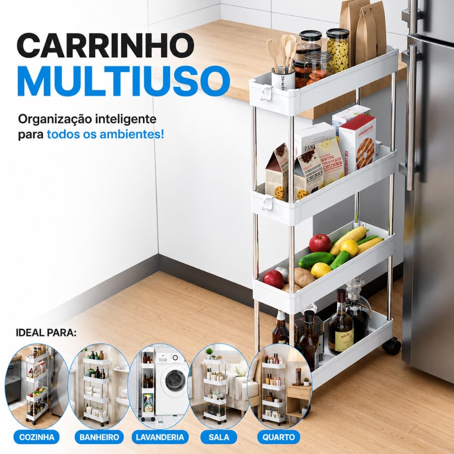 Organizador Móvel de 4 Níveis com Rodinhas para Diversos Objetos Cozinha Banheiro Premium