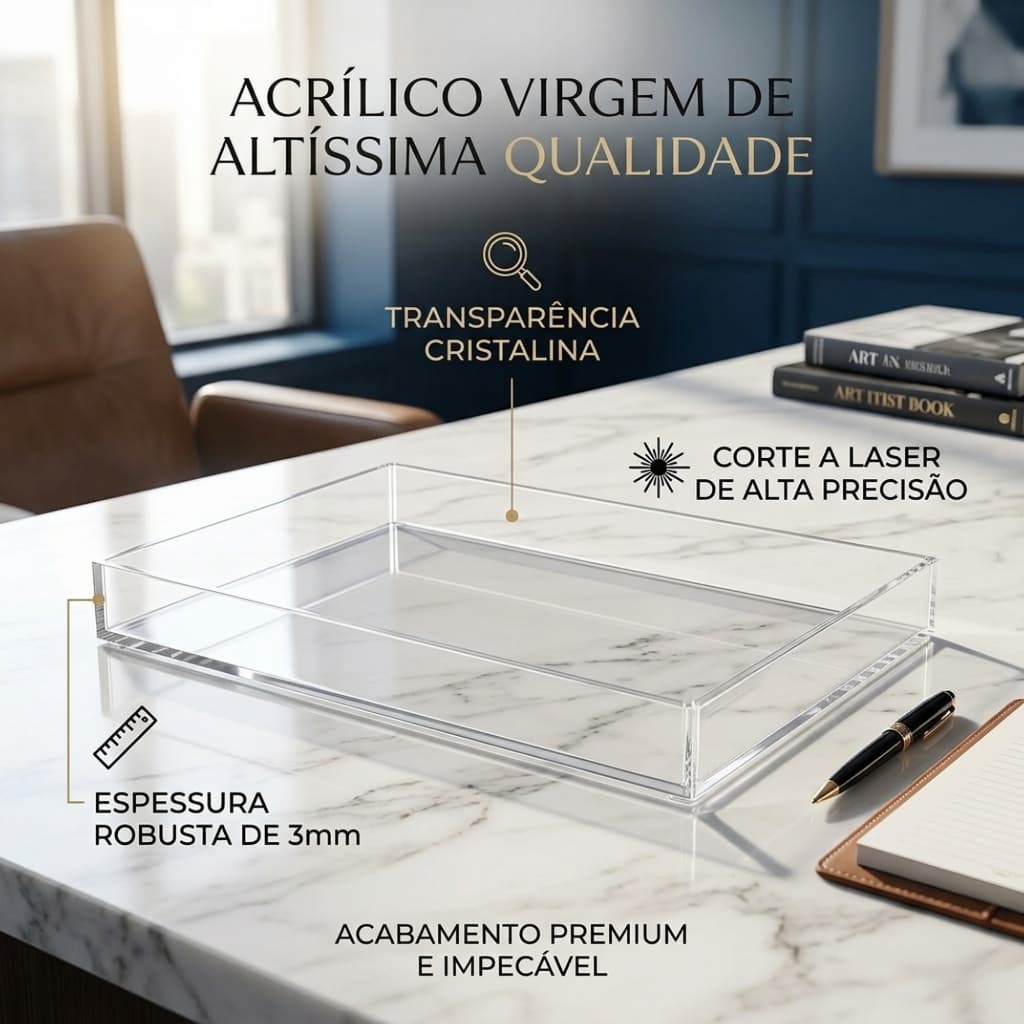Bandeja Retangular Sem Alça 20x15 Acrílico Cristal Resistente Sala Banheiro Decoração