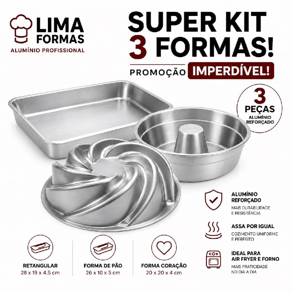 Kit Completo 3 Formas Alumínio Para Bolos, Forma Pudim, Forma Vulcão e Forma Retangular Profissional