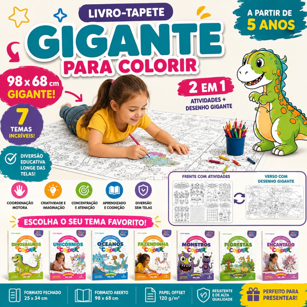 Livro Tapete para Colorir Infantil Fantástico mundo com Atividades de desenvolvimento Infantil