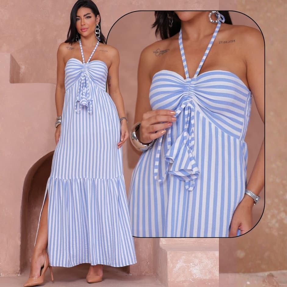 Vestido Feminino Longo Listrado Com Fenda Casual Elegante Festas Eventos Vestido Elegante