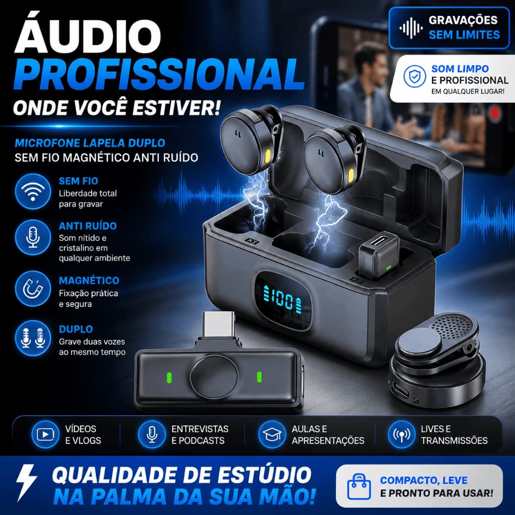 Microfone Lapela Duplo Sem Fio Magnético Tipo-C Com Caixa e 2 Mics