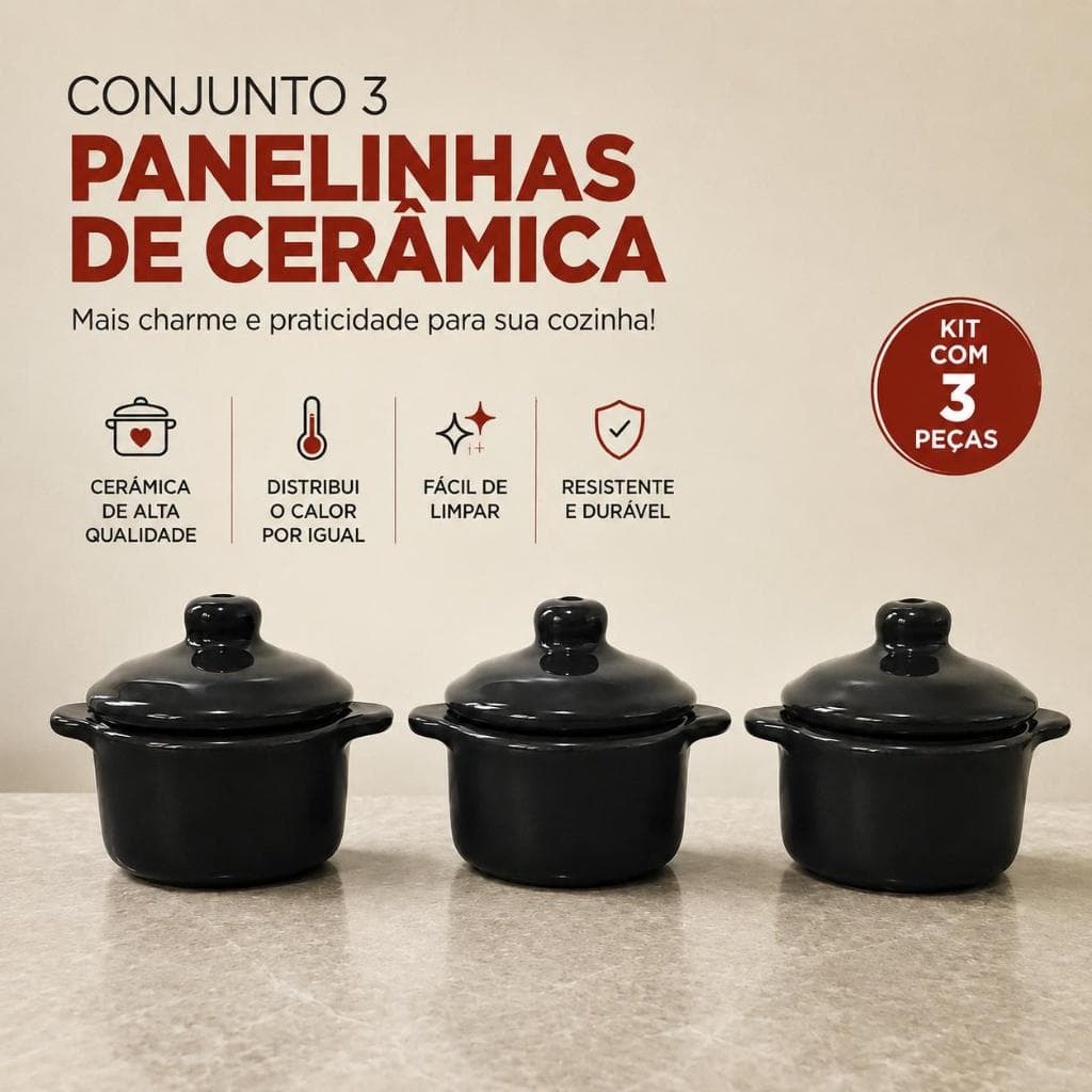 Kit com 3 Mini Panelinha Caçarola em Cerâmica Esmaltada para servir festa buffet