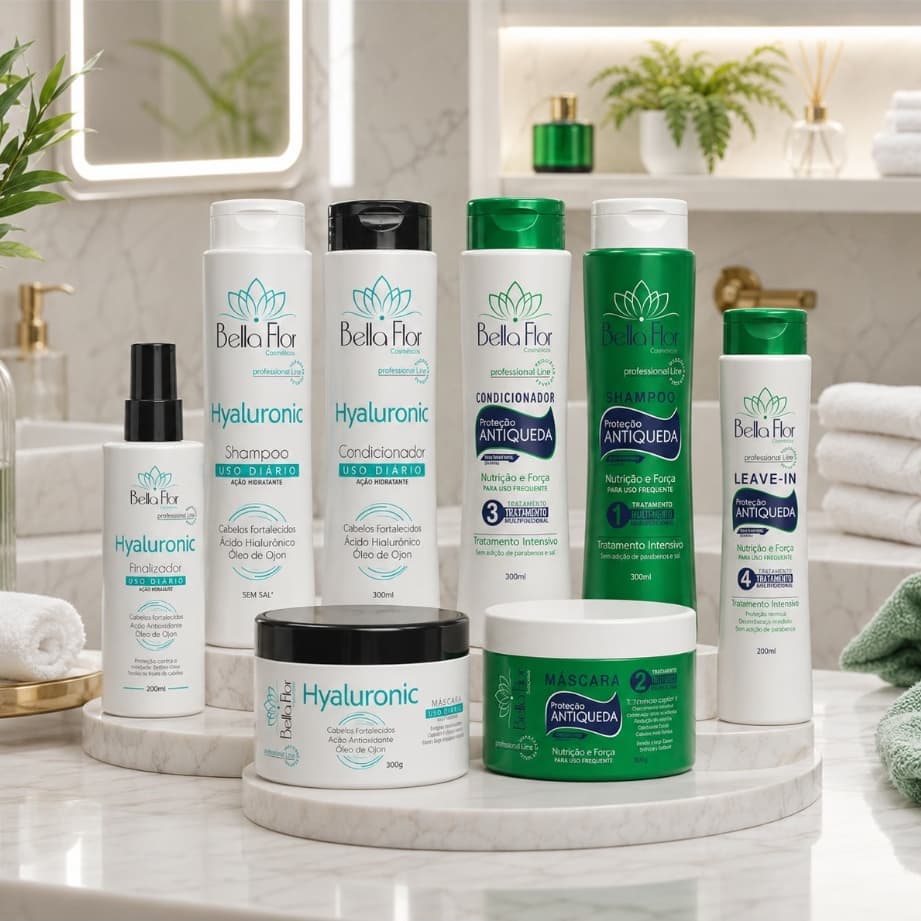2 Kits Capilares Hyaluronic + Anti-Queda com 8 Produtos Bella Flor Fortalecimento Brilho Tratamento Capilar