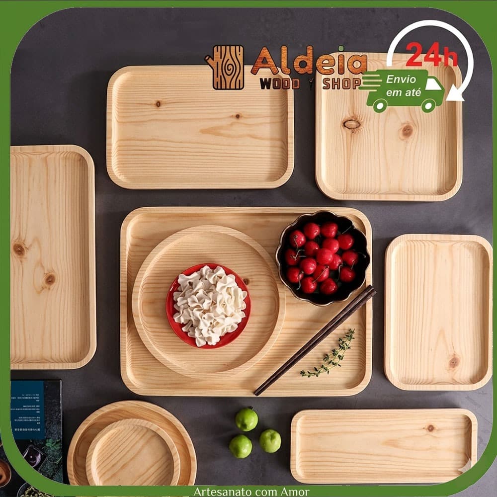 Bandeja de Madeira Cozinha Decoração Mesa Pinus Bandeja Retangular Redonda Petisqueira