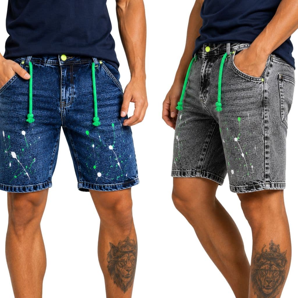 Bermuda Jogador Jeans Masculina Detalhe Pintado Marmorizada Premium  Cordão Verde Street Do 38 ao 48