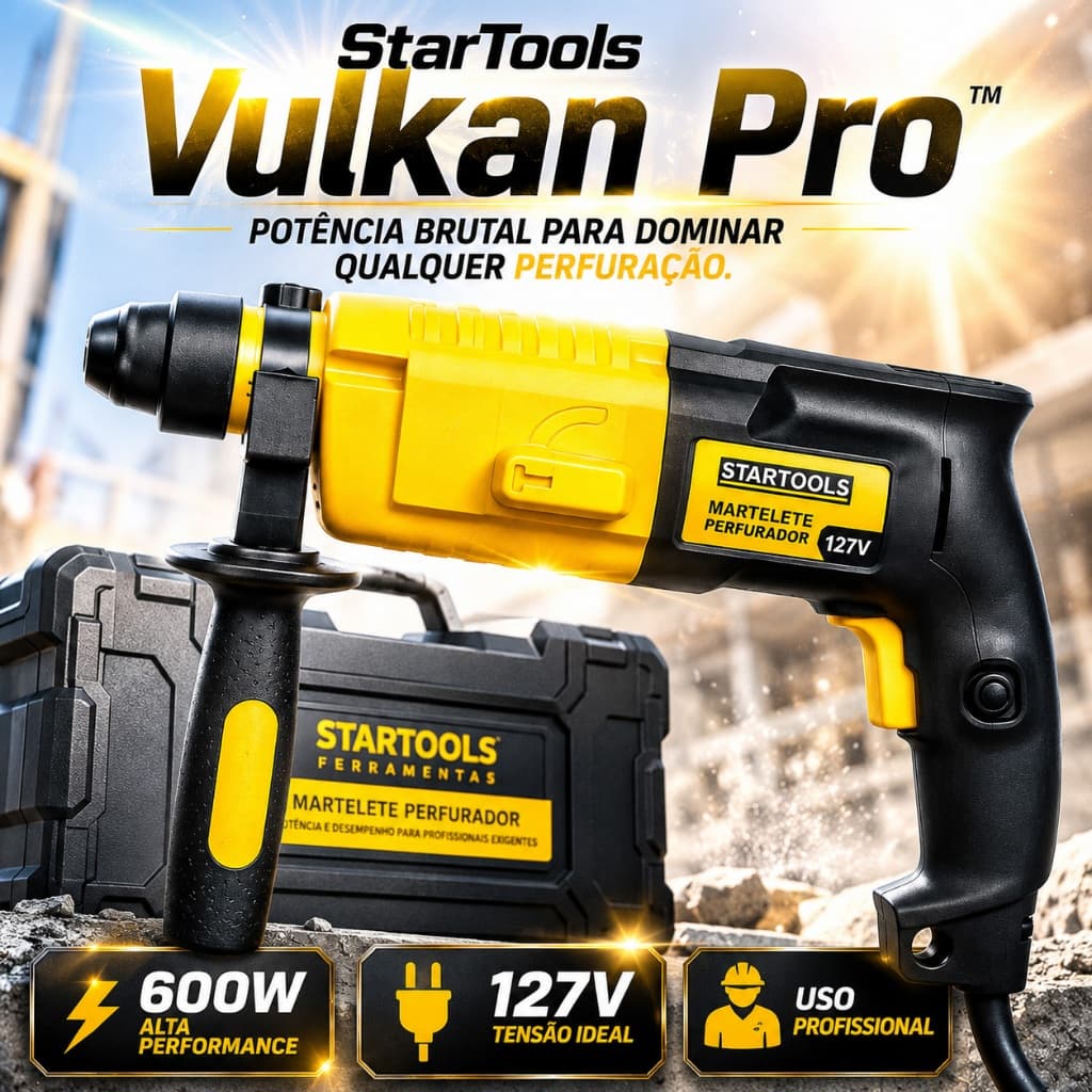 Martelete Perfurador 600W 127V StarTools Vulkan Pro Profissional Impacto com Maleta para Concreto e Alvenaria Amarela