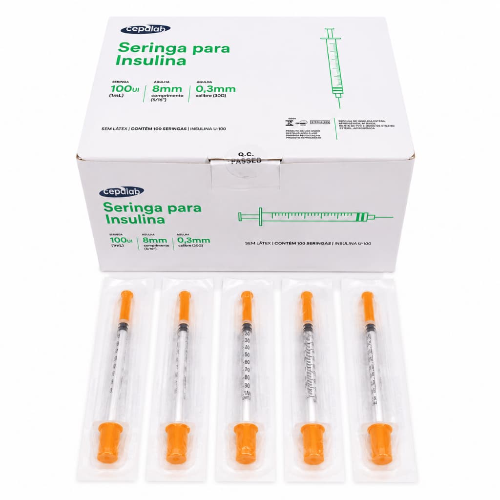 Seringa para Insulina 1ml ou 0,5ml com Agulha Fixa Luer Slip - Caixa 100 Und