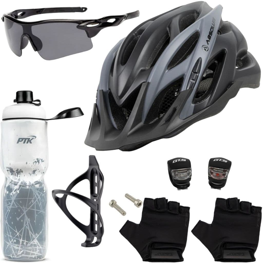 Capacete Ciclismo Bike + Garrafa Térmica + Suporte + Pisca + Óculos + Par De Luvas