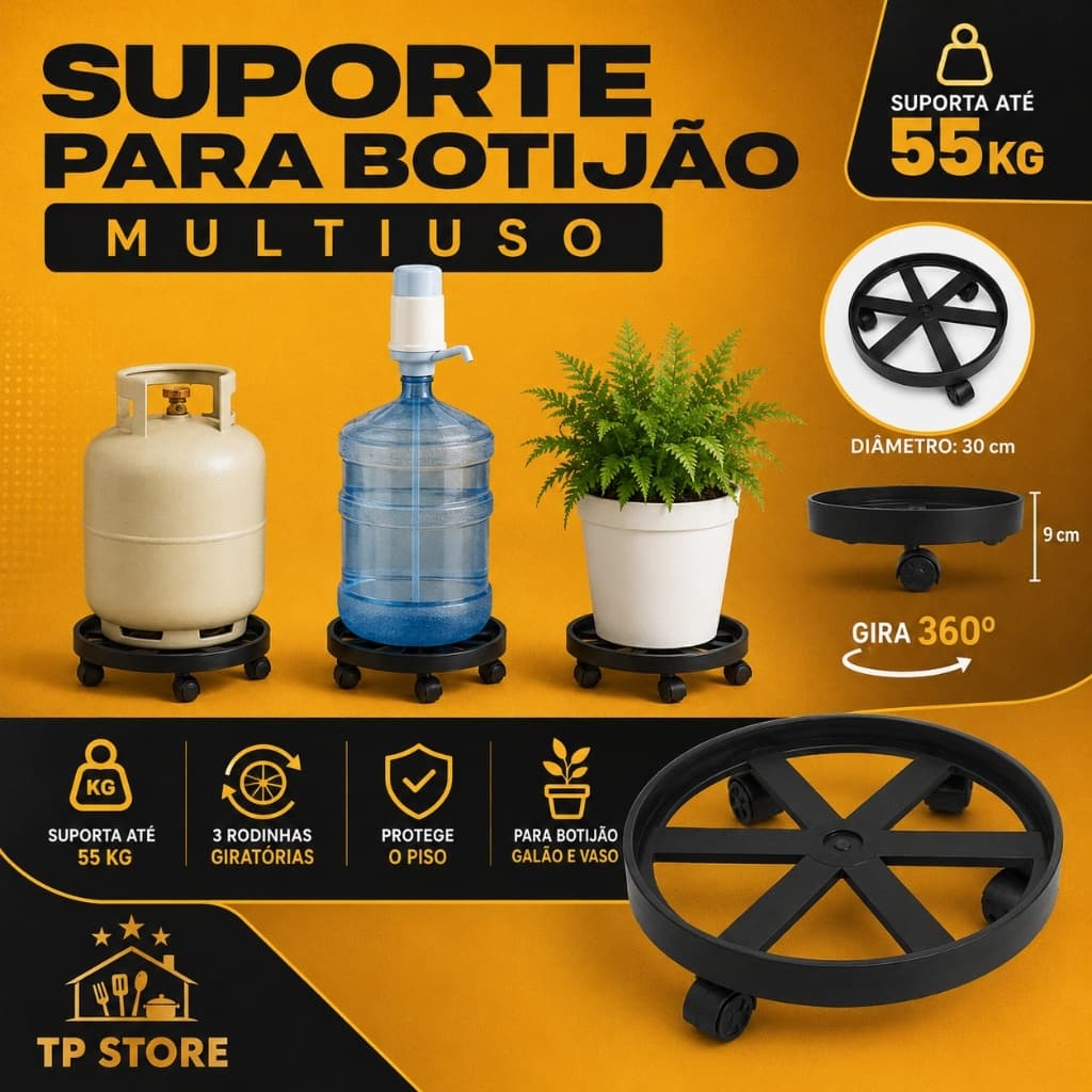 Suporte Com Rodinha Botijão De Gás Vasos Plantas até 55kg Preto