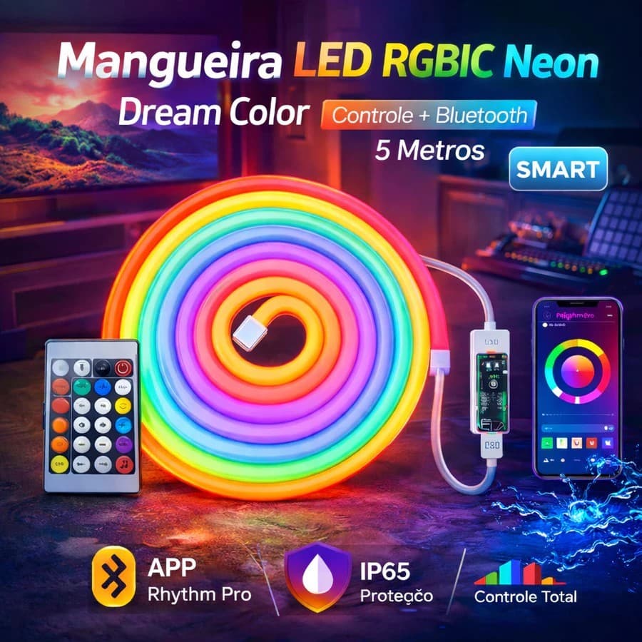 Mangueira Neon LED RGBIC Dream Color 60LED/m 5/10m 12V Smart Bluetooth IP65 Controle por App Iluminação Gamer