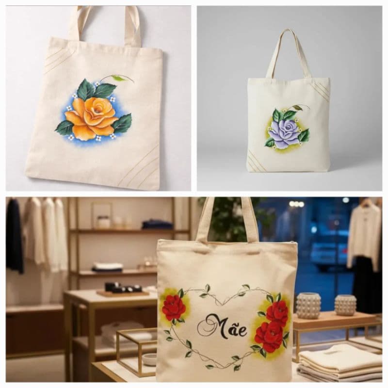 Bolsa sacola ecobag pintada à mão , presente dia das mães, todas acompanham um par de brinco de pérola
