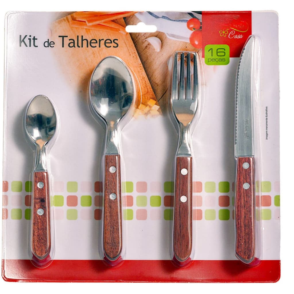 Kit Talheres 16 Peças Aço Inox Cabo Amadeirado Faqueiro Completo Premium Para 4 Pessoas Mesa Posta Churrasco Cozinha Gou
