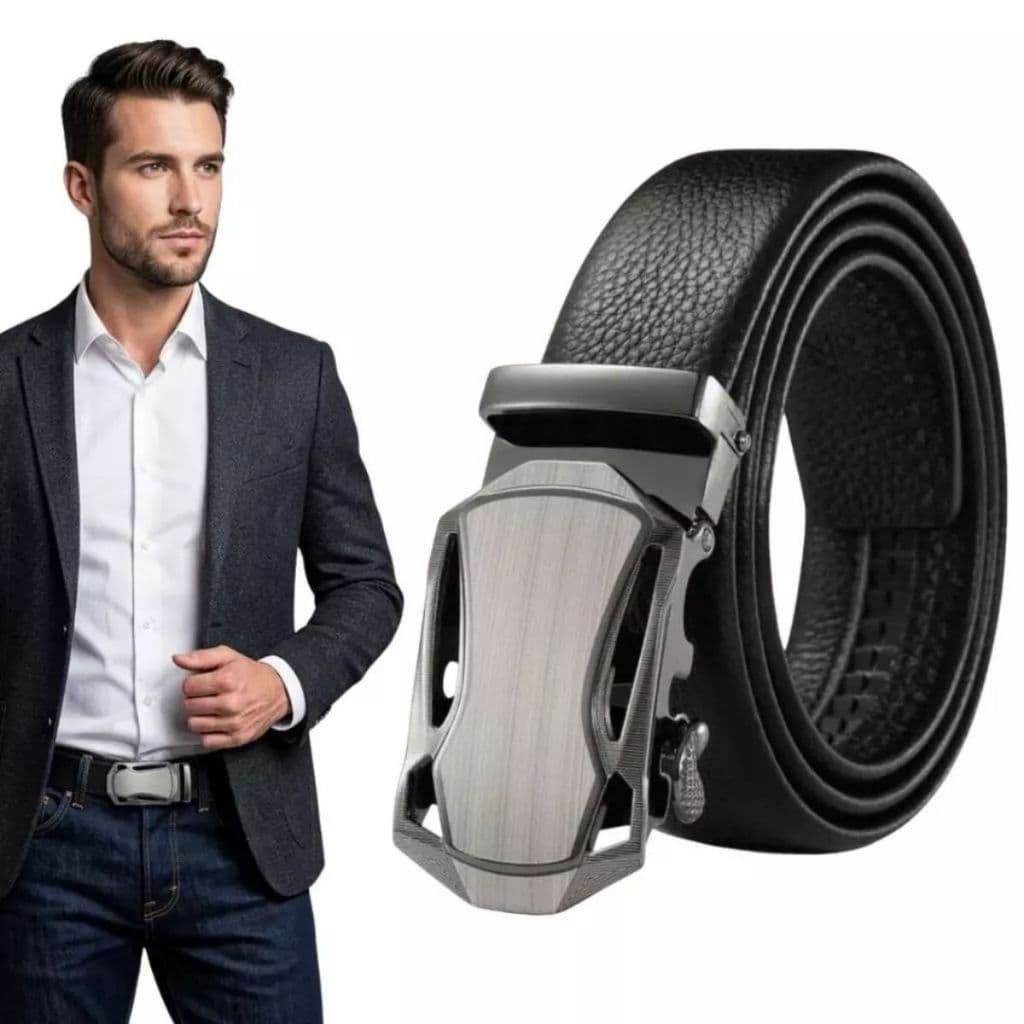 Cinto Fivela Automática  couro,  Fivela na cor Prata, preto muito Top
