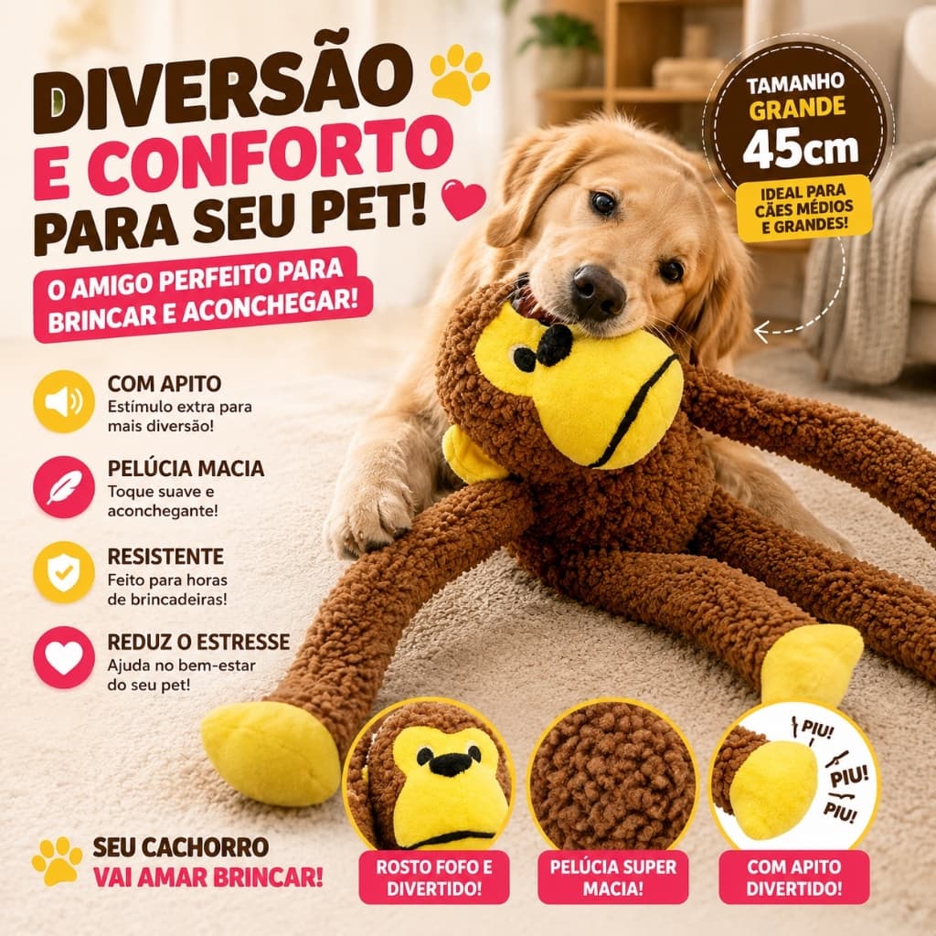 Brinquedo Mordedor Pelúcia Macaco Macaquinho Interativo com Apito Pet Para Cachorros Cães E Gatos Antiestresse