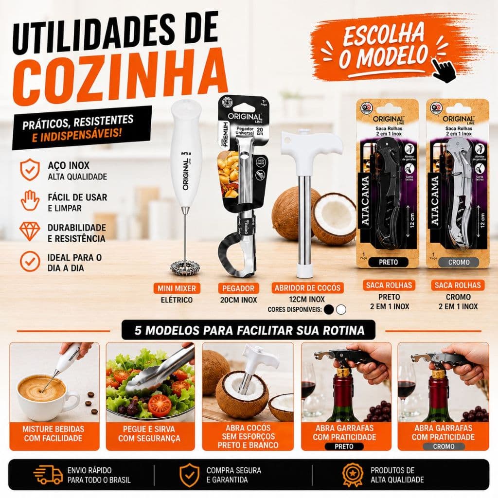 Utensílios de Cozinha Premium Inox | Mixer Pegador Saca Rolhas Abridor De Coco