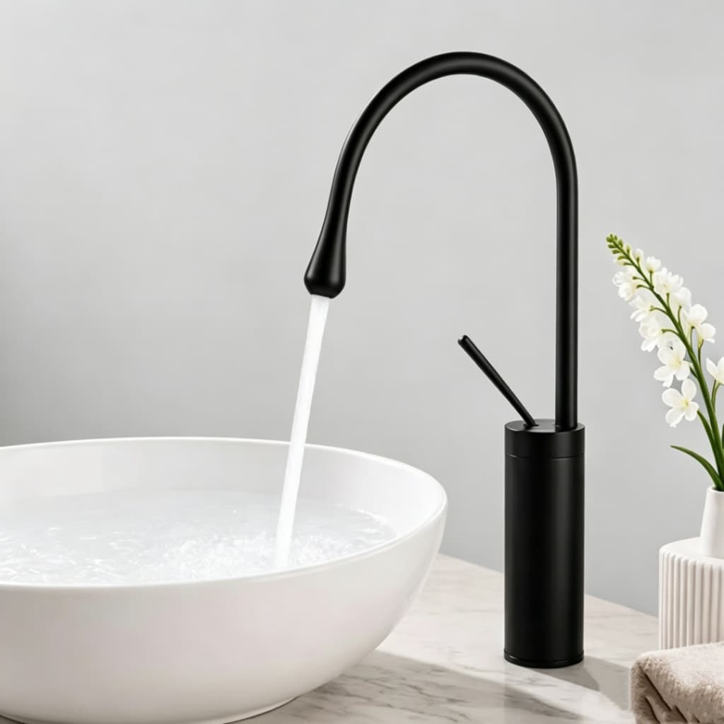 Torneira Pia Banheiro Preta Fosca Luxo Misturador Monocomando Alta 45cm Único Punho Forma Gota