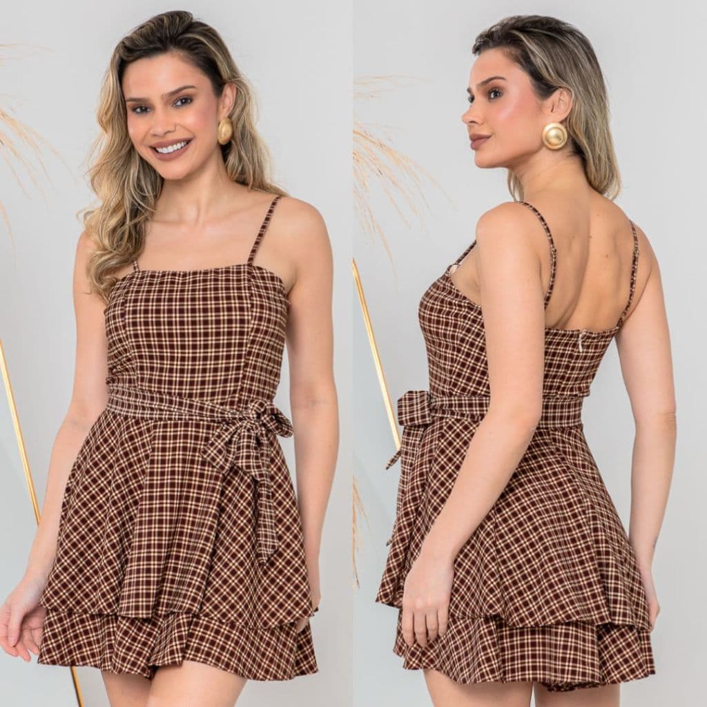 Macaquinho Xadrez Vestido Feminino Rodado com Laço Removível Alça Ajustável Festa Junina