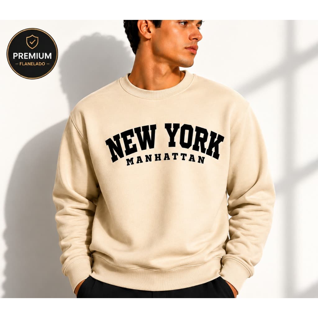 Moletom Sem Capuz Estampa NEW YORK Blusa de Frio Flanelado Com Punho Masculino Feminina Gola Redonda