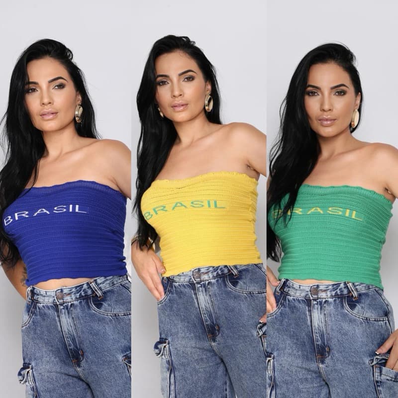Cropped Faixa Tricô Modal Brasil Tomara Que Caia Feminino Elastano Moda Blogueira tendência 2026