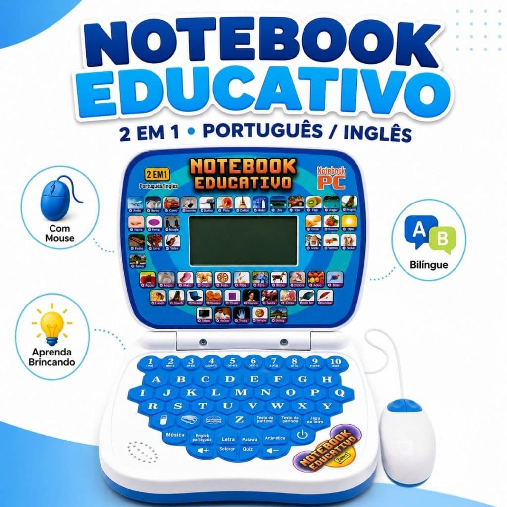 Laptop Educativo Infantil Com Mouse Bilíngue Português Inglês 2 em 1 Brinquedo Interativo